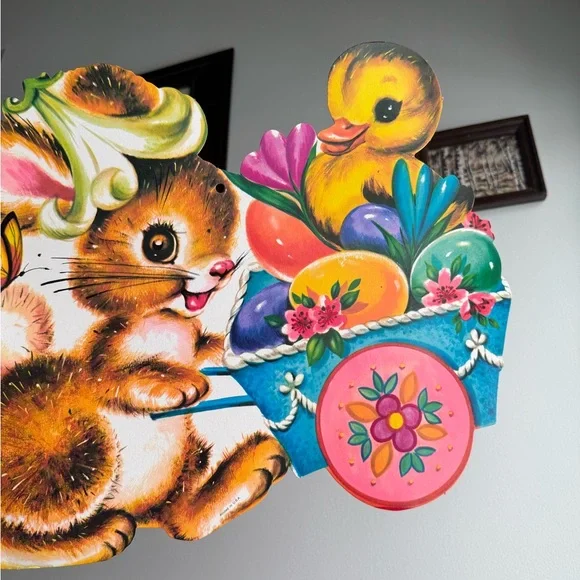 Vintage Easter Bunny Chick Egg Basket Die Cut USA Made Holiday Wall Ephemera - Picture 13 of 15